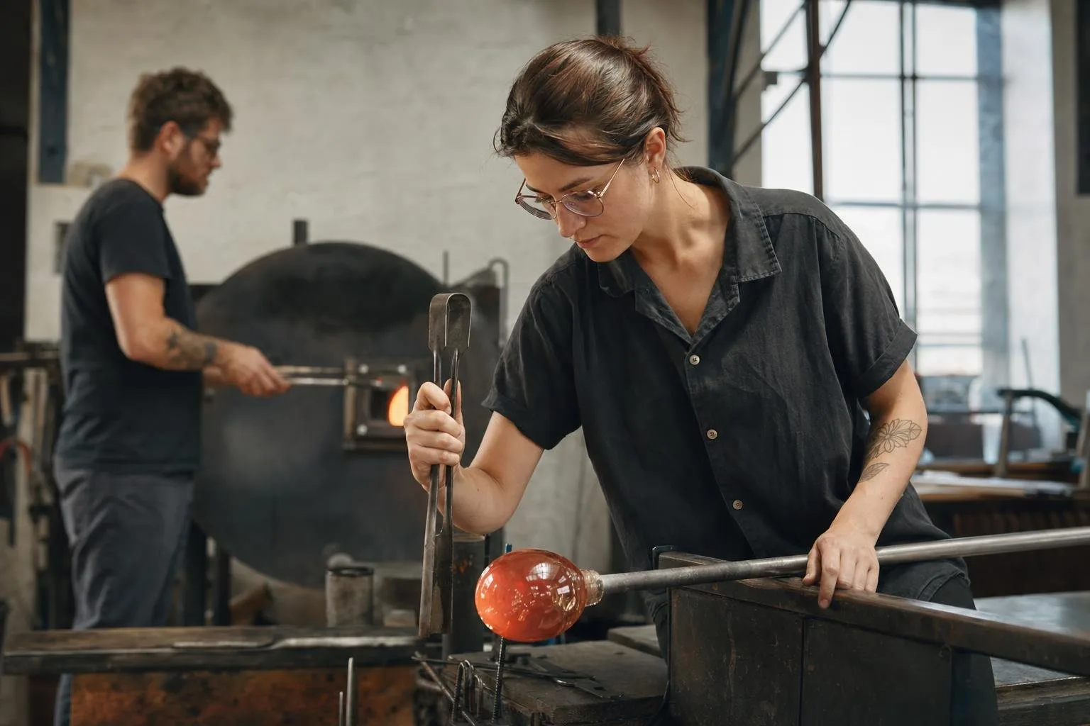 Glassblower gathering molten glass from a glowing furnace